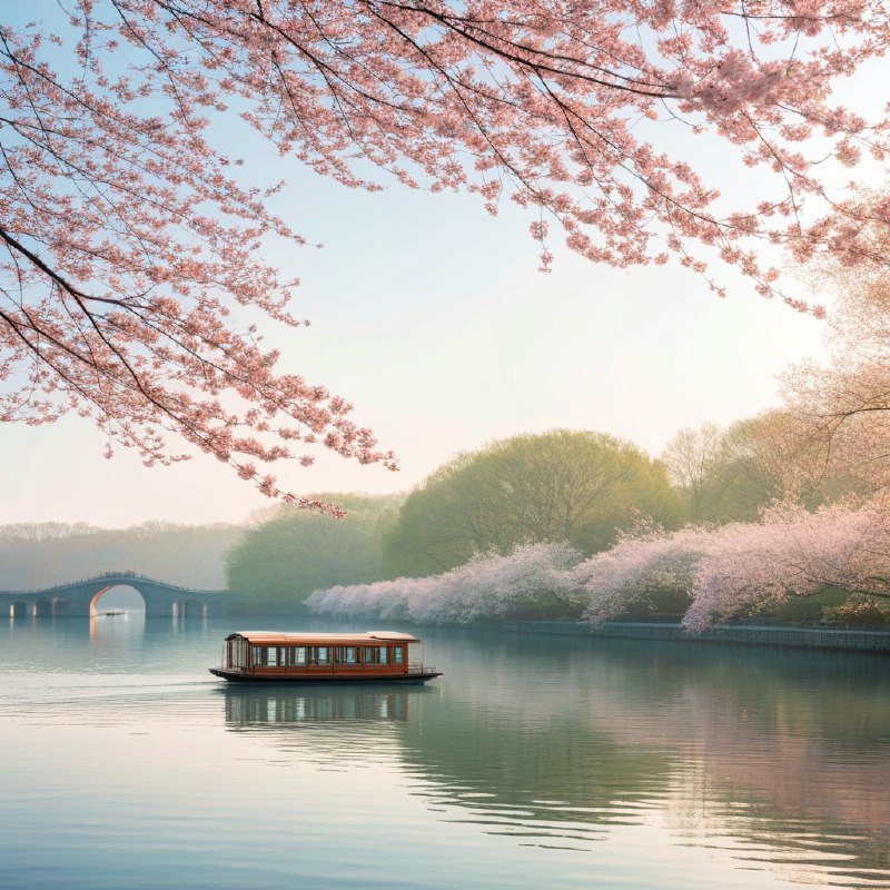 #Bing_Wallpaper“杭州春日静谧，满开的娇嫩樱花勾勒出如画的景色，在柔和的金色阳光下环绕着一片宁静的湖泊，传统的中国小船轻轻漂浮在如镜的水面上，远处一座拱形石桥隐没在清晨的薄雾中，郁郁葱葱的树木掺杂着粉色与绿色，形成鲜明的对比，氛围弥漫着梦幻般的宁静，捕捉了中国春日天堂的迷人之美