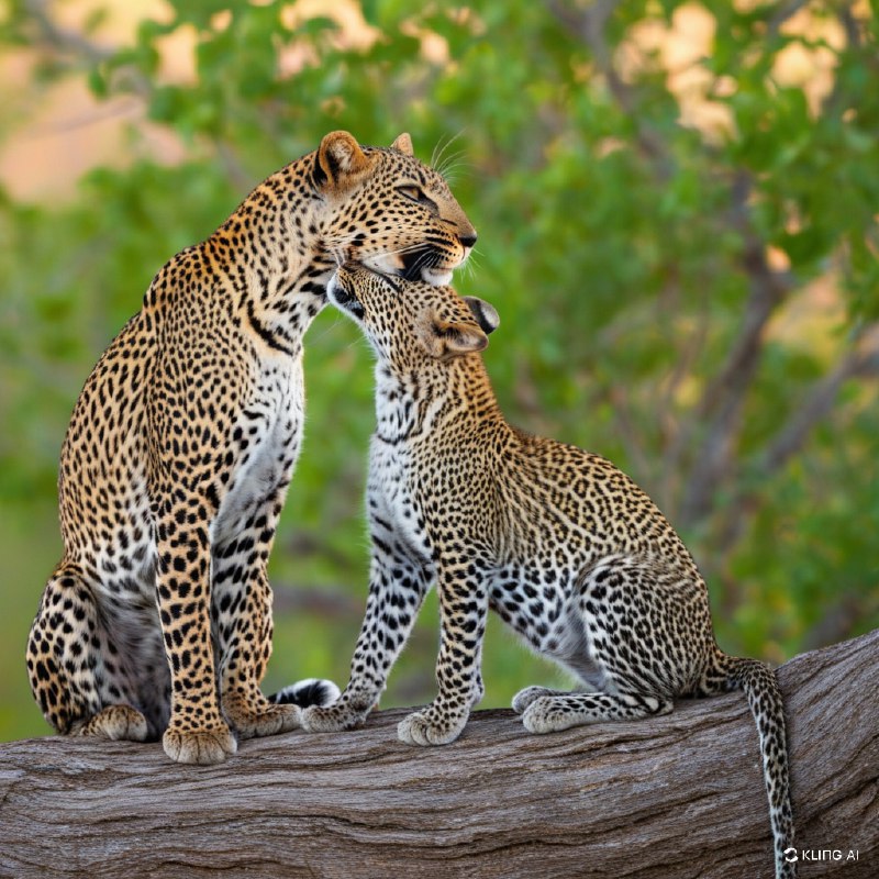 #Bing_Wallpaper“在博茨瓦纳贾奥自然保护区茂密的绿色荒野中，一只母豹正温柔地为她那顽皮的小豹梳理毛发，二者优雅地栖息在一棵粗壮而沧桑的树干上，构成了一幅宁静而暖心的画面