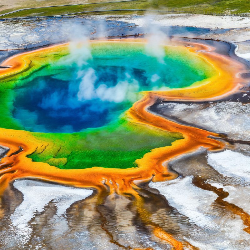 #Bing_Wallpaper密苏里州黄石国家公园的大棱镜泉空中美景，展示了其充满活力的地热之美