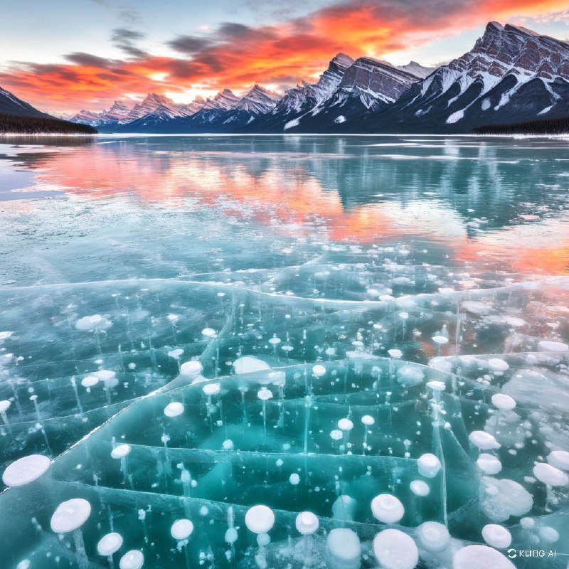 #Bing_Wallpaper“一幅令人叹为观止的冬季景观，展现了加拿大阿尔伯塔省亚伯拉罕湖的美景：一片广阔的松石色冰面上，悬浮着透明的白色甲烷气泡，这些气泡冻结成了错落有致的层次，层叠在冰面之下