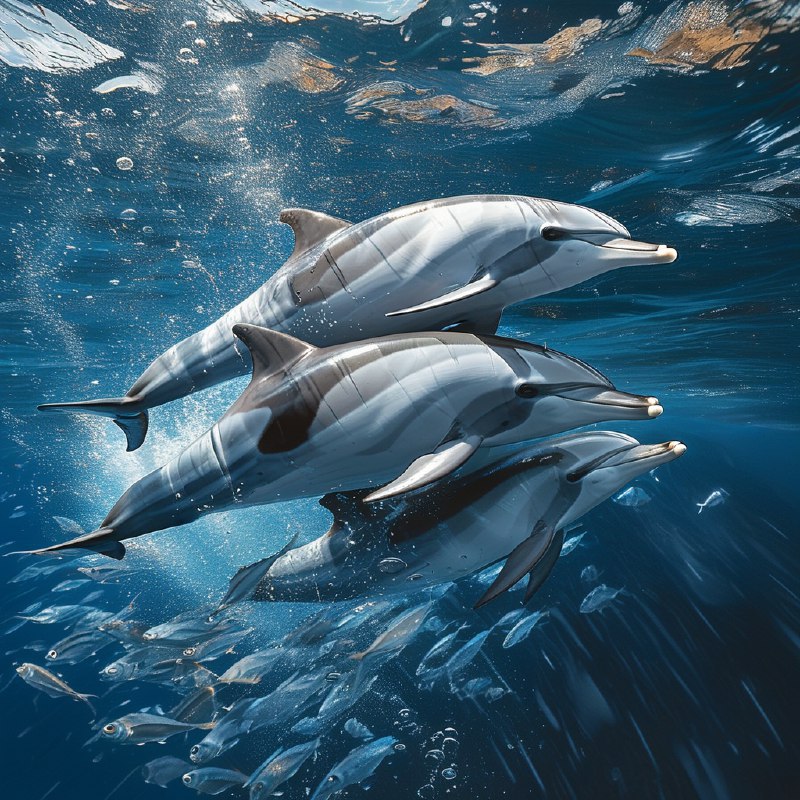 #Bing_Wallpaper在葡萄牙亚速尔群岛的圣米格尔岛附近深邃的蓝色大西洋中，一幅令人振奋的水下场景展现了流线型的敏捷大西洋斑点海豚正奋力追逐闪烁的银色鱼群