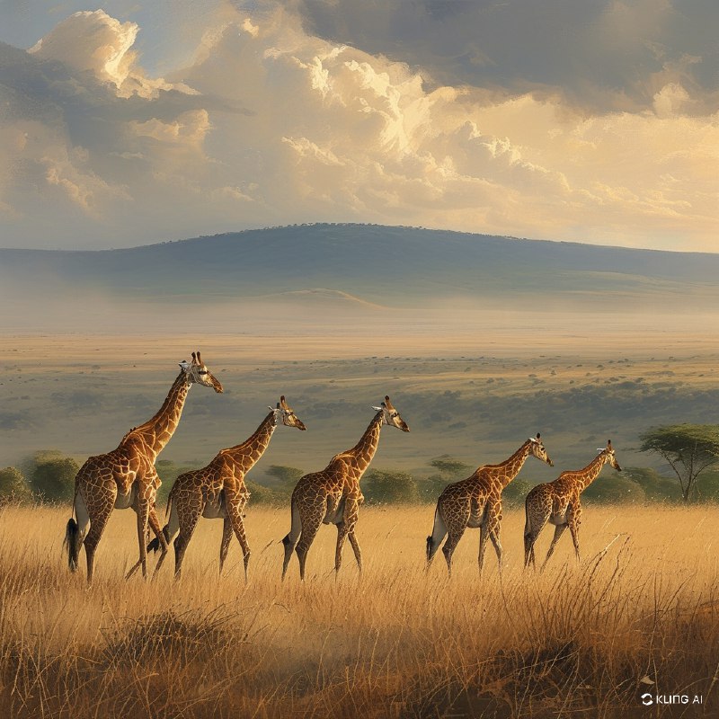 #Bing_WallpaperWide landscape of Amboseli National Park, Kenya, featuring a group of Maasai giraffes gracefully walking across the savannah. The scene is bathed in soft, golden light, highlighting the dry grass and sparse vegetation. In the background, misty hills stretch across a vast horizon under a dramatic, overcast sky. The image draws on a warm, earthy color palette with textures of grass and distant trees. Art style is realistic with intricate details, capturing the essence of the African wild and its majestic wildlife.肯尼亚安博塞利国家公园的辽阔景观，展现了一群优雅漫步于稀树草原的马赛长颈鹿