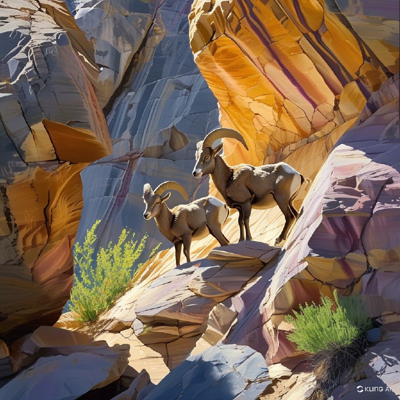 #Bing_Wallpaper两只沙漠大角羊优雅地穿行于阳光照耀下内华达州火焰谷州立公园崎岖的地形上，栖息在色调柔和的砂岩地貌上