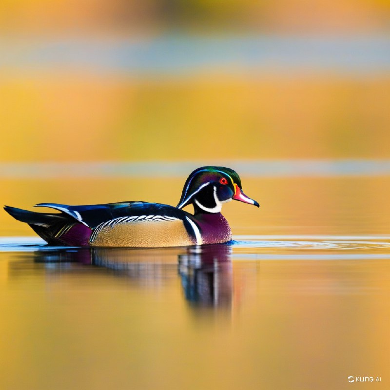 这是一幅宁静的风景画，一只色彩斑斓的雄性木鸭漂浮在平静的水面上，背景是温暖的金色，反映了加拿大魁北克秋季的自然之美