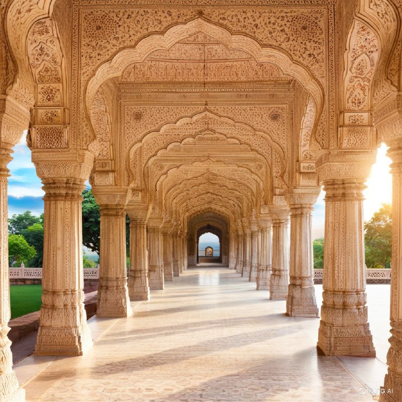 #Bing_Wallpaper精巧的建筑奇迹，位于印度拉贾斯坦邦琥珀堡的Sattais Katcheri，展示了宏伟的拱门，上面有精美的花卉和几何雕刻，坐落在优雅雕刻的柱子之间