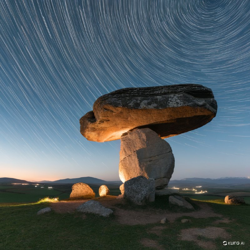 #Bing_Wallpaper“这是一幅神秘的夜景，画面中位于西班牙巴斯克自治区阿拉瓦的庄严索尔吉内切巨石墓（Sorginetxe Dolmen）占据了前景