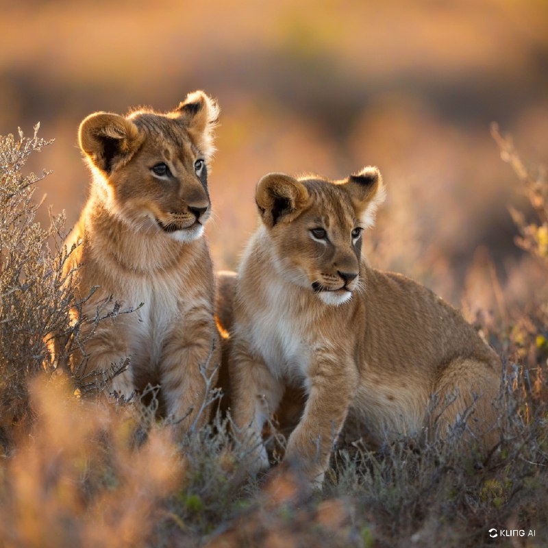 #Bing_Wallpaper日出时分，南非的两只小狮子坐在草地上，眺望远方