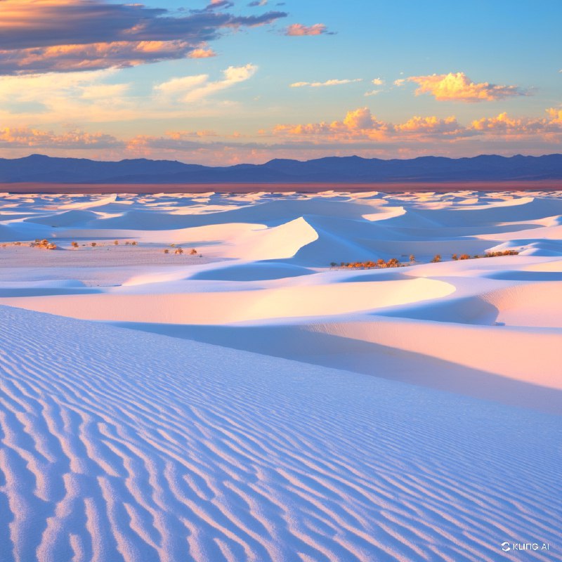 #Bing_Wallpaper"在美国新墨西哥州的白沙国家公园，广袤的白色沙丘在宁静的日落天空下绵延起伏