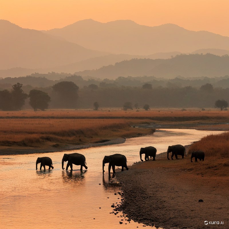 #Bing_Wallpaper壮观的一群大象漫步于印度吉姆·科贝特国家公园，夕阳将天空染成橙色，为大地披上温暖的色调