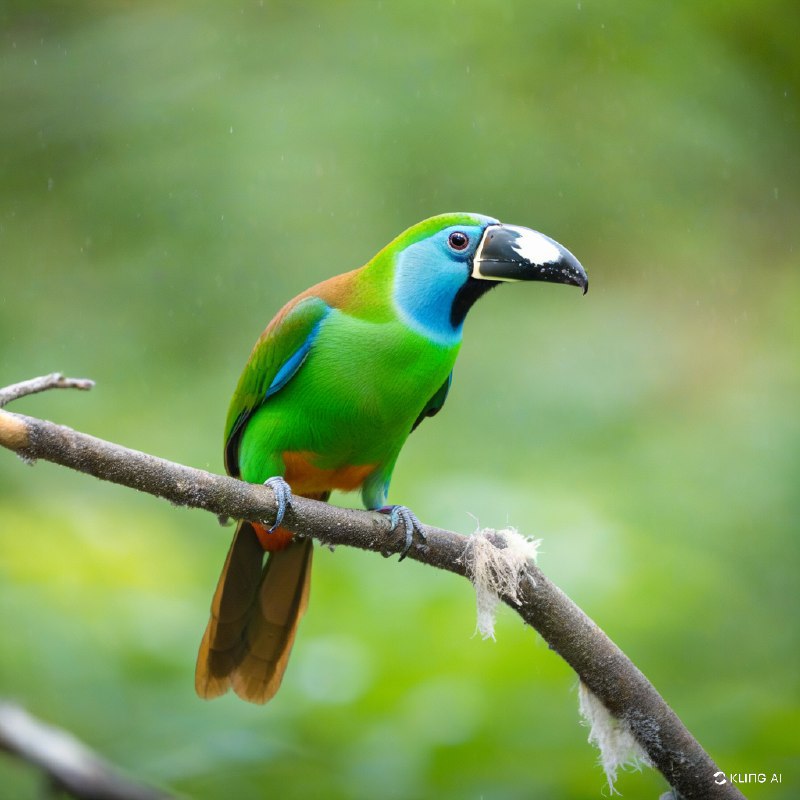 一只生机勃勃的蓝喉巨嘴鸟栖息在树枝上，羽毛呈鲜艳的绿色和蓝色，喙呈醒目的黑白相间，背景是哥斯达黎加洛斯克萨莱斯国家公园郁郁葱葱的森林，光线柔和而模糊