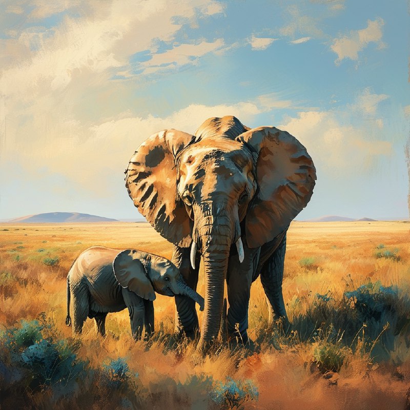 #Bing_Wallpaper两头沙漠大象——一头成年象和一头顽皮的小象——正在纳米比亚广阔的沙漠地带中，平静地在高大茂密的金绿色草丛间觅食