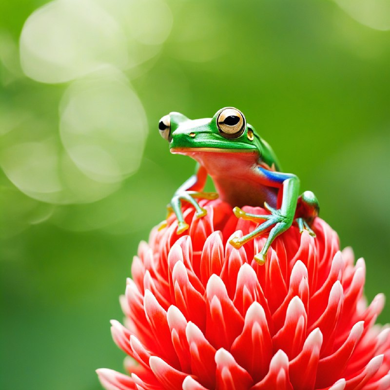 #Bing_Wallpaper一只充满活力的哥斯达黎加树蛙栖息在一朵鲜艳的红色螺旋姜花上，它那鲜亮的绿色身体和炯炯有神的金色眼睛散发着生机勃勃的光彩