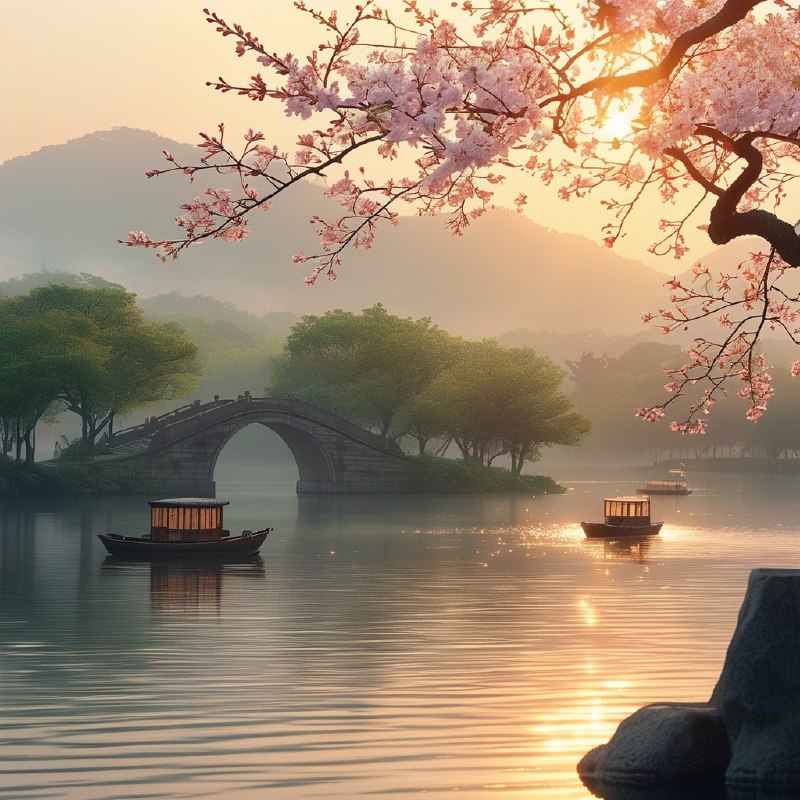 #Bing_Wallpaper“杭州春日静谧，满开的娇嫩樱花勾勒出如画的景色，在柔和的金色阳光下环绕着一片宁静的湖泊，传统的中国小船轻轻漂浮在如镜的水面上，远处一座拱形石桥隐没在清晨的薄雾中，郁郁葱葱的树木掺杂着粉色与绿色，形成鲜明的对比，氛围弥漫着梦幻般的宁静，捕捉了中国春日天堂的迷人之美