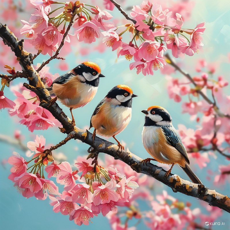 #Bing_Wallpaper两只活力十足的红头长尾山雀停在盛开的樱花树枝上，沐浴在清朗春日明媚的阳光中