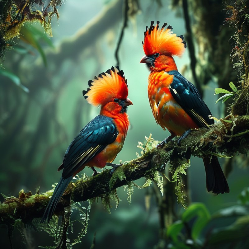 #Bing_Wallpaper两只色彩鲜艳的安第斯岩鸡栖息在厄瓜多尔茂密而雾气缭绕的雨林中，它们引人注目的红橙色羽冠在裹满苔藓的树枝和背景中模糊的绿色与棕色衬托下熠熠生辉