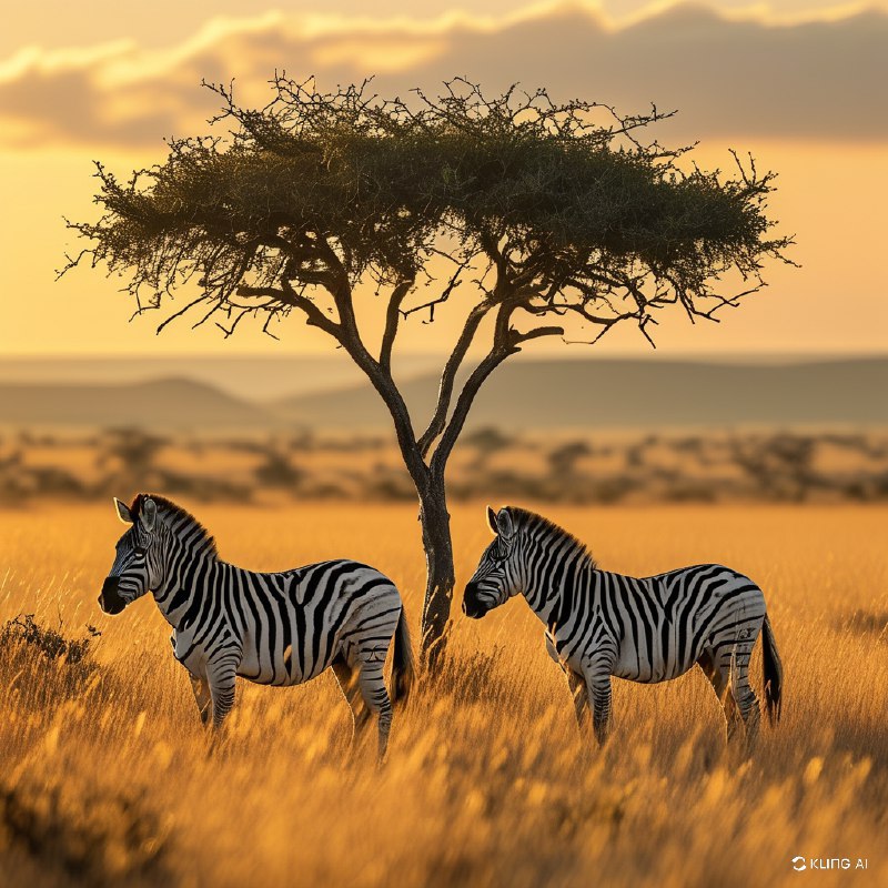 #Bing_Wallpaper两匹雄伟的平原斑马站立在金色的稀树草原上，沐浴在南非莫卡拉国家公园日出时温暖的金色光芒中