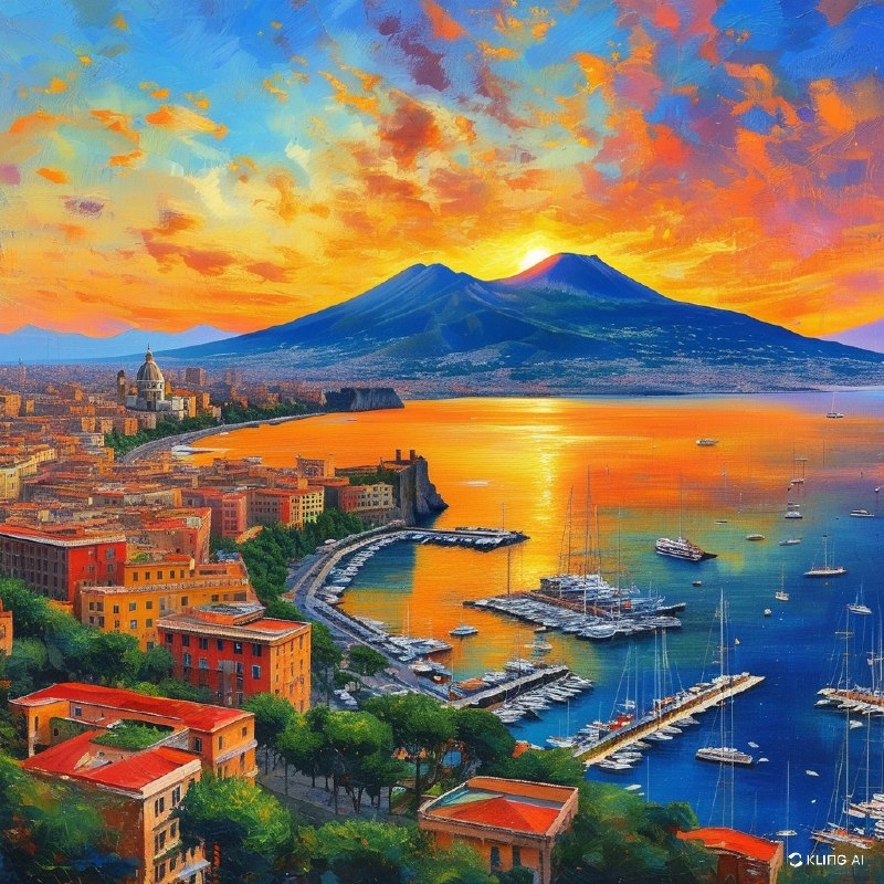 #Bing_Wallpaper“意大利那不勒斯湾的全景生动地展现在眼前，沐浴在夕阳天空温暖的金色光辉中