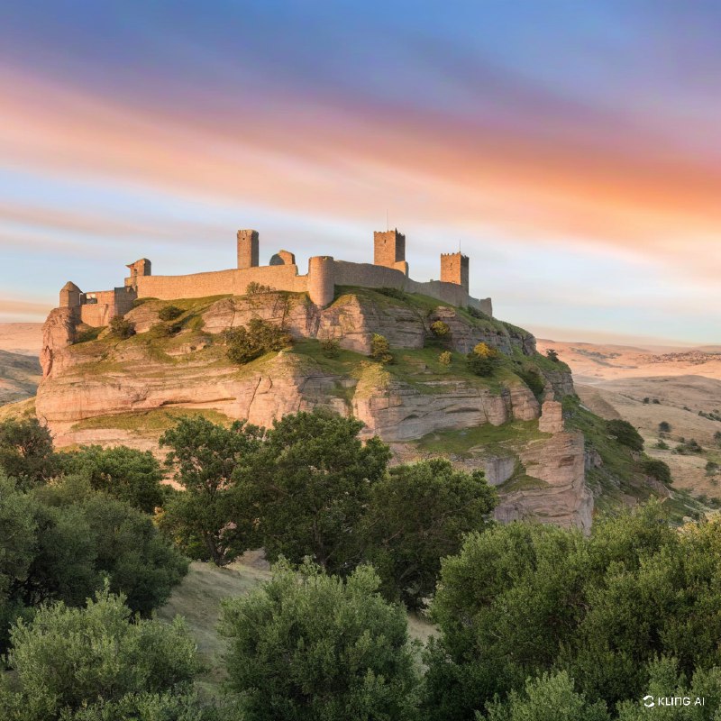 #Bing_WallpaperA majestic ancient castle perched atop a rocky cliff, surrounded by a vast, rugged landscape with sparse greenery. The sky is painted with a stunning, colorful sunset, casting a warm, golden light over the scene. The castle's towers and stone walls are bathed in this dramatic lighting, enhancing its historical and mystical aura. The overall atmosphere is one of awe and timeless beauty.一座雄伟的古老城堡坐落在陡峭的岩石悬崖上，周围是广阔而崎岖的地形，零星点缀着稀疏的绿色植被