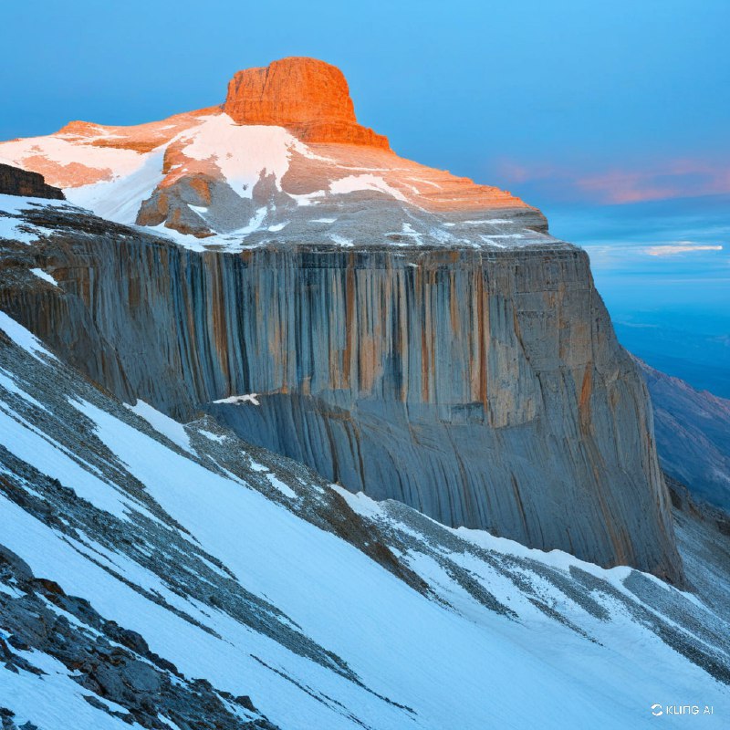 #Bing_Wallpaper黎明时分雄伟的山口，灵感来源于西班牙佩尔迪多山国家公园的罗兰多峡谷；崎岖的悬崖在日出第一缕光辉的照耀下呈现温暖的橙色色调，与寒冷的冰雪和覆盖霜冻的岩石坡面形成鲜明对比；戏剧性的天空融汇深蓝的柔和色调与微妙的灰色层次，营造出宁静却令人叹为观止的高山氛围；凹凸分明的石块、风化的岩壁以及闪耀的雪原呈现出高度细致的质感；电影感的构图，广角视野，缥缈的光线从高耸的悬崖间倾泻而下，唤起一种冒险精神和自然的宏伟之美