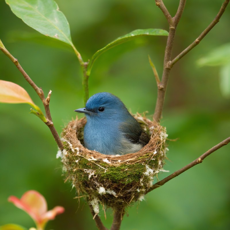 #Bing_Wallpaper“一个静谧温暖的场景，描绘了一只娇小的雌性黑枕王鹟正在两根纤细的树枝交叉处，专注地筑着她舒适的小巢