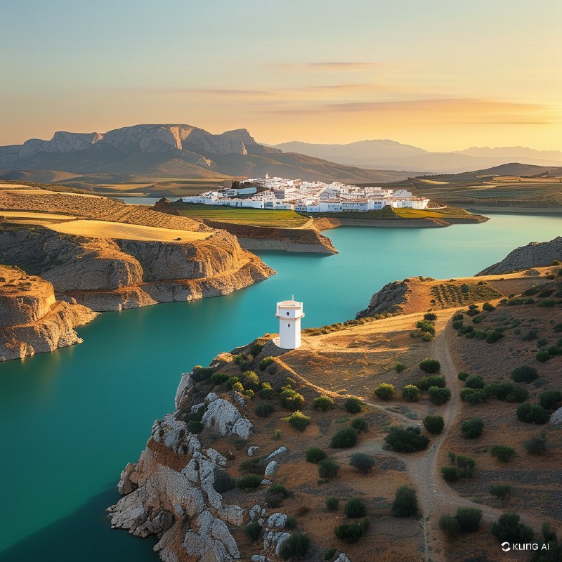 #Bing_Wallpaper“在西班牙加的斯省的萨哈拉德拉谢拉，一幅宁静的空中景象展现出夕阳下温暖的金色光辉