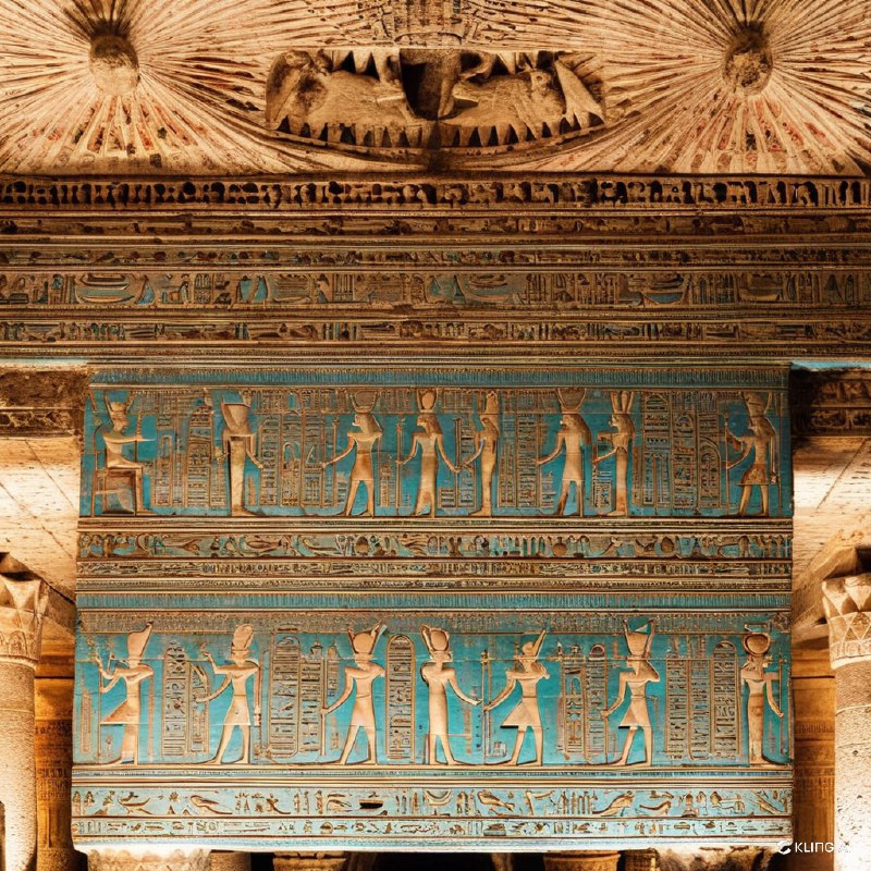 古埃及神庙的内部装饰、细致的象形文字和石雕、鲜艳的色彩、复杂的建筑细节、华丽的柱子、历史的氛围、温暖的灯光、神圣而神秘的氛围