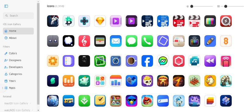 iOS Icon Gallery一个 iOS 图标库，收录了很多 app 图标，提供多个尺寸下载，可以按颜色、设计师、年份和分类等进行查看还有 macOS 图标库 和 watchOS 图标库，功能都是一样的