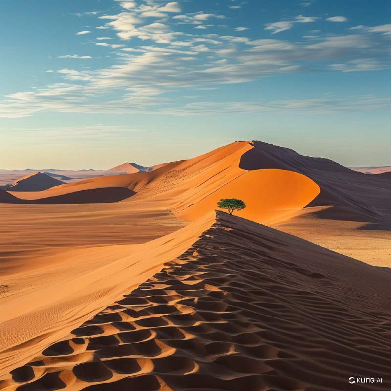 #Bing_Wallpaper纳米比亚纳米布沙漠中索苏斯维红沙丘那广袤而不断变幻的地平线，耸立的赤红与琥珀色沙丘在清晨的金色阳光中绽放光彩，长长的柔和阴影投射在地形起伏的沙面上