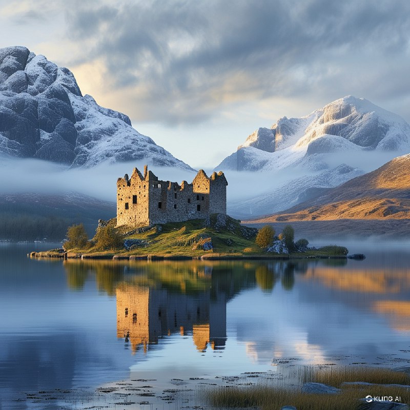 #Bing_Wallpaper“一座孤独的中世纪石堡静静矗立在洛奇湖宁静水域中央的一座小草地岛屿上，周围环绕着苏格兰高地飘渺的自然美景