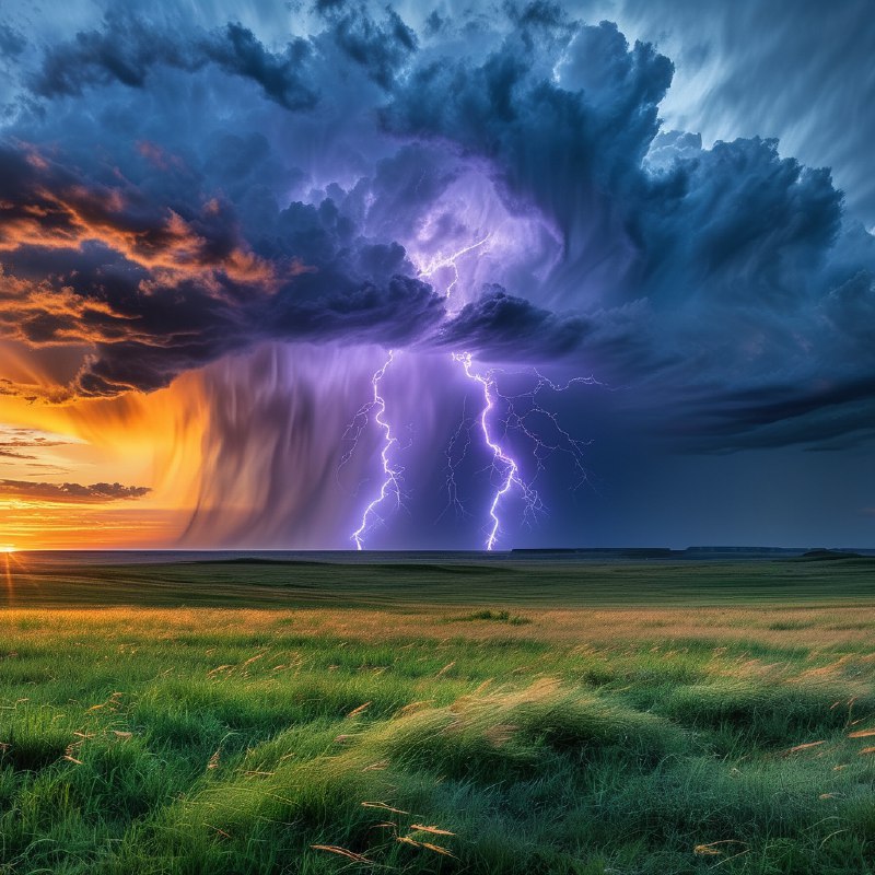 #Bing_Wallpaper“在日落时分，内布拉斯加州宽广的平原上，一场壮丽的雷暴正肆虐