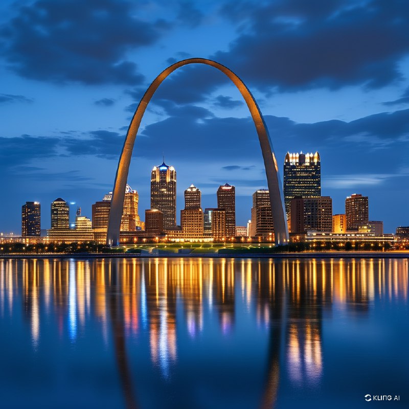 #Bing_Wallpaper“圣路易斯拱门在深邃的钴蓝色黄昏天空映衬下显得格外壮丽，周围环绕着光芒四射的城市景观