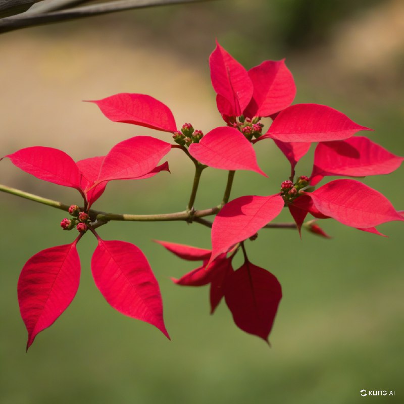 #Bing_Wallpaper"特写镜头下，一枝盛开的圣诞花被鲜红的苞片和小花蕾点缀