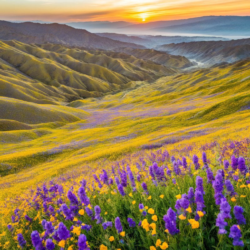 #Bing_Wallpaper“在美国加利福尼亚的卡里佐平原国家纪念碑上，罕见的超级花海盛开，绚丽的野花如海洋般覆盖了起伏的山丘