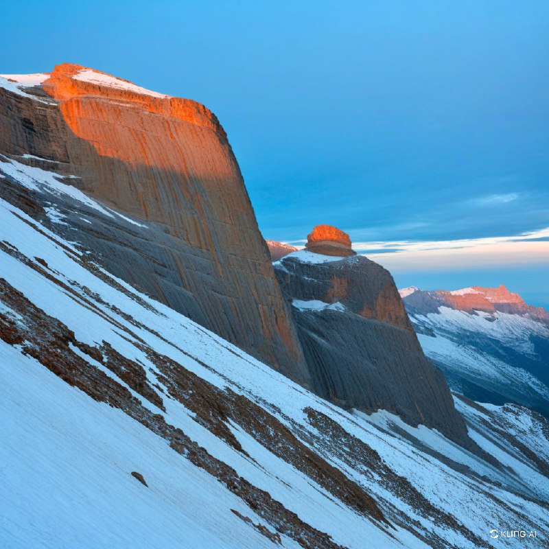 #Bing_Wallpaper黎明时分雄伟的山口，灵感来源于西班牙佩尔迪多山国家公园的罗兰多峡谷；崎岖的悬崖在日出第一缕光辉的照耀下呈现温暖的橙色色调，与寒冷的冰雪和覆盖霜冻的岩石坡面形成鲜明对比；戏剧性的天空融汇深蓝的柔和色调与微妙的灰色层次，营造出宁静却令人叹为观止的高山氛围；凹凸分明的石块、风化的岩壁以及闪耀的雪原呈现出高度细致的质感；电影感的构图，广角视野，缥缈的光线从高耸的悬崖间倾泻而下，唤起一种冒险精神和自然的宏伟之美