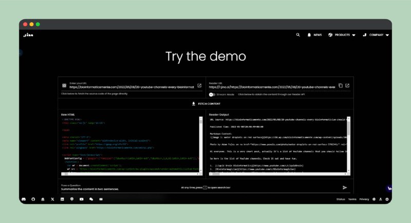 📕 Reader — 将任何 URL 转换为 LLM 输入格式🔗 直达体验 | 🌐 Github链接简述：Jina AI 的 Reader 项目是一个为大型语言模型优化网络内容输入的工具，它通过简化的 URL 前缀提供了一种快速转换网页内容为 LLM 友好格式的方法