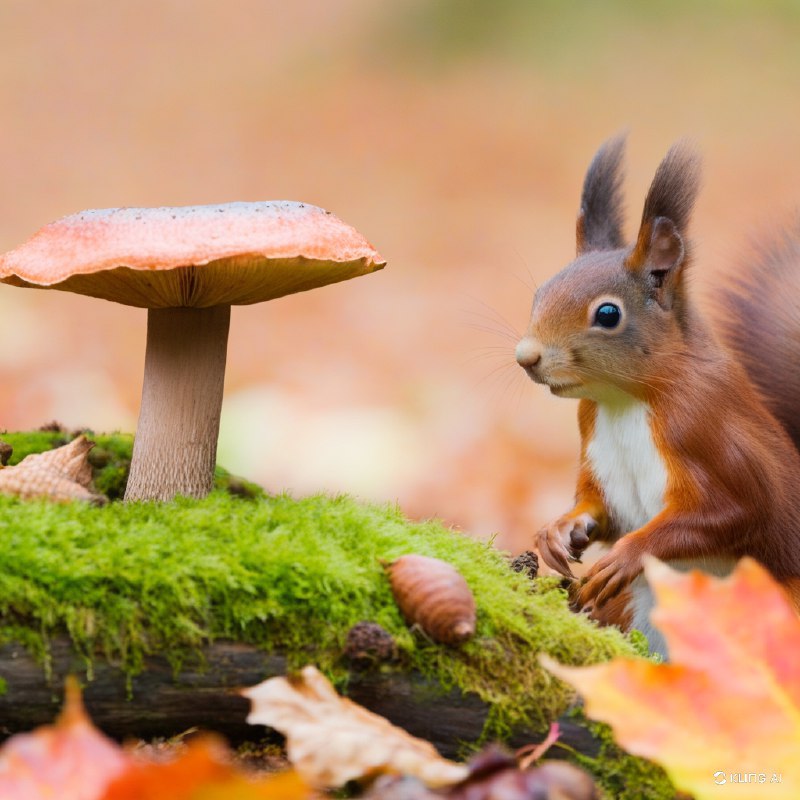 #Bing_Wallpaper一个充满奇幻氛围的秋日森林场景，一只好奇的欧亚红松鼠注视着一株高大、表面纹理丰富的毒蘑菇
