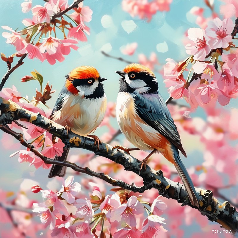 #Bing_Wallpaper两只活力十足的红头长尾山雀停在盛开的樱花树枝上，沐浴在清朗春日明媚的阳光中