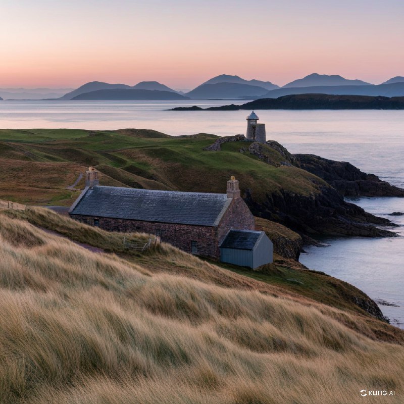 #Bing_Wallpaper"威尔士沿海的日出景象，一座古朴的石屋静静地坐落在金色随风摇曳的草丛中，屋顶覆有板岩，与兰德温岛（Llanddwyn Island）宁静的美景融为一体