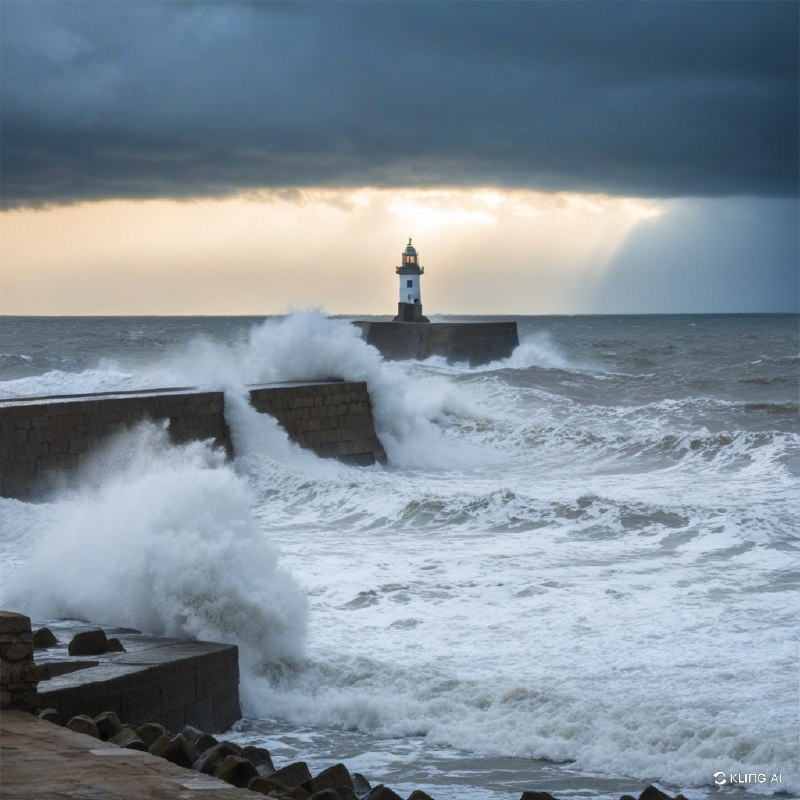 惊涛骇浪拍打着古老的石头码头，白色灯塔在远处高高矗立，天空阴云密布，隐约可见夕阳西下的景象，电影般的灯光，高对比度，动态构图