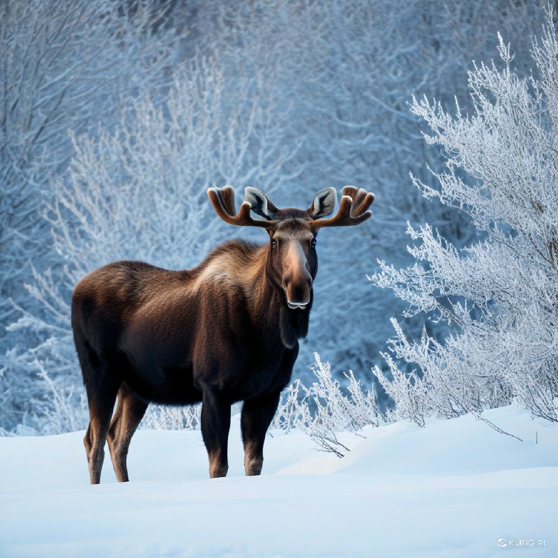 #Bing_Wallpaper"创造一个令人叹为观止的场景：在阿拉斯加德纳利国家公园的雪景中，一只母麋鹿伫立其中，眼神狂野而深邃