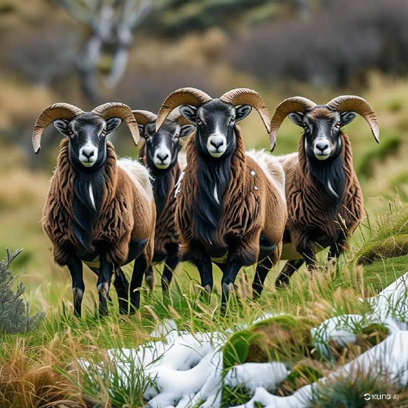 #Bing_Wallpaper一群宁静而威严的长角绵羊站立在新西兰的一处草地上，草地上零星点缀着白雪