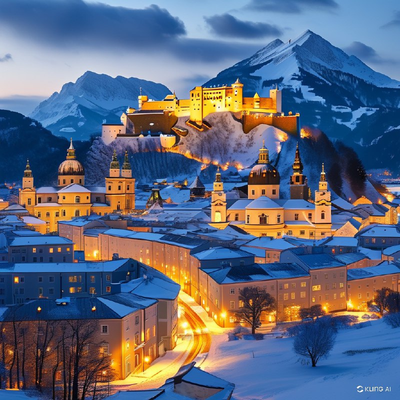 #Bing_Wallpaper奥地利萨尔茨堡梦幻的冬季夜晚，街道闪烁迷人，山峰结霜