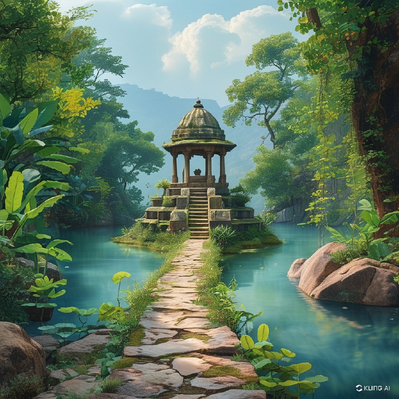 #Bing_Wallpaper“从空中俯瞰宁静的印度卡纳塔克邦霍恩马拉杜附近的 Champaka Sarasi 池塘，一片郁郁葱葱的绿意环绕着池塘，古老的石阶层层跌落至水中