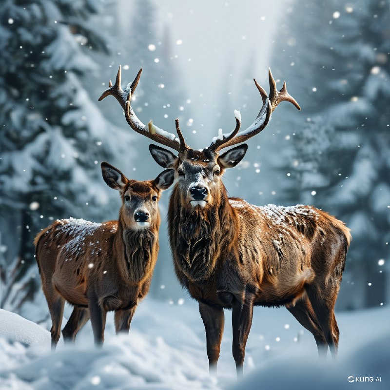 #Bing_Wallpaper“壮丽的加拿大森林景色，一头高贵的雄鹿伴着高耸的鹿角，守护地站在一只温柔的雌鹿旁边，它们浓密的红褐色毛皮与洁白的雪景形成美丽的对比，空中飘舞着精致的雪花，营造出一种超然的冬日氛围，背景中轻微模糊的积雪覆盖的常青树衬托其意境，毛皮与雪的复杂纹理在自然柔和的光线下被凸显出来，捕捉到了自然的优雅与宁静，电影般的构图，超写实的渲染，细腻的细节与生动的色彩