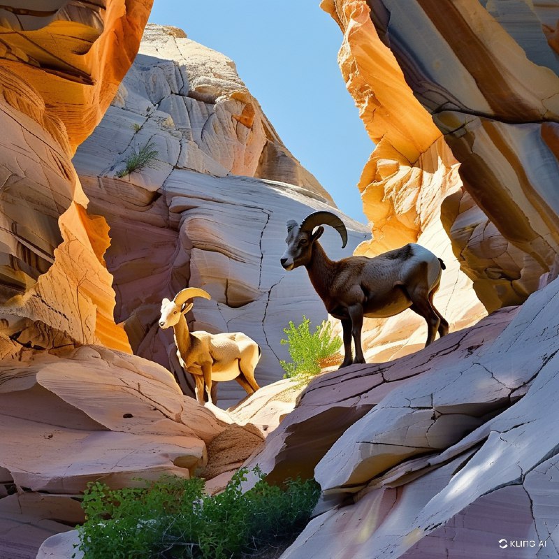 #Bing_Wallpaper两只沙漠大角羊优雅地穿行于阳光照耀下内华达州火焰谷州立公园崎岖的地形上，栖息在色调柔和的砂岩地貌上