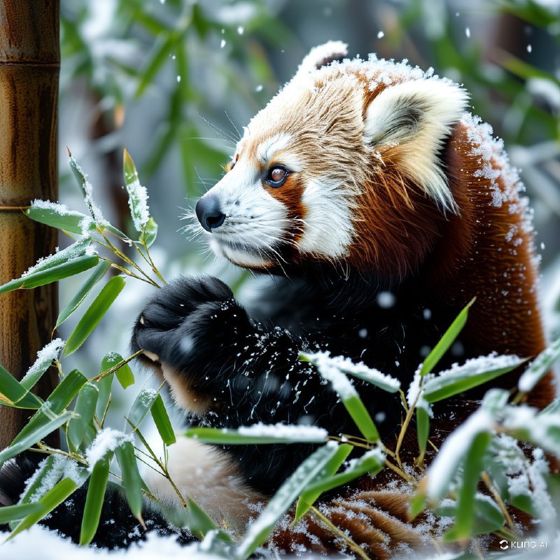 #Bing_Wallpaper可爱的熊猫宝宝置身于宁静的雪景中，周围环绕着积有薄雪的翠绿色竹叶