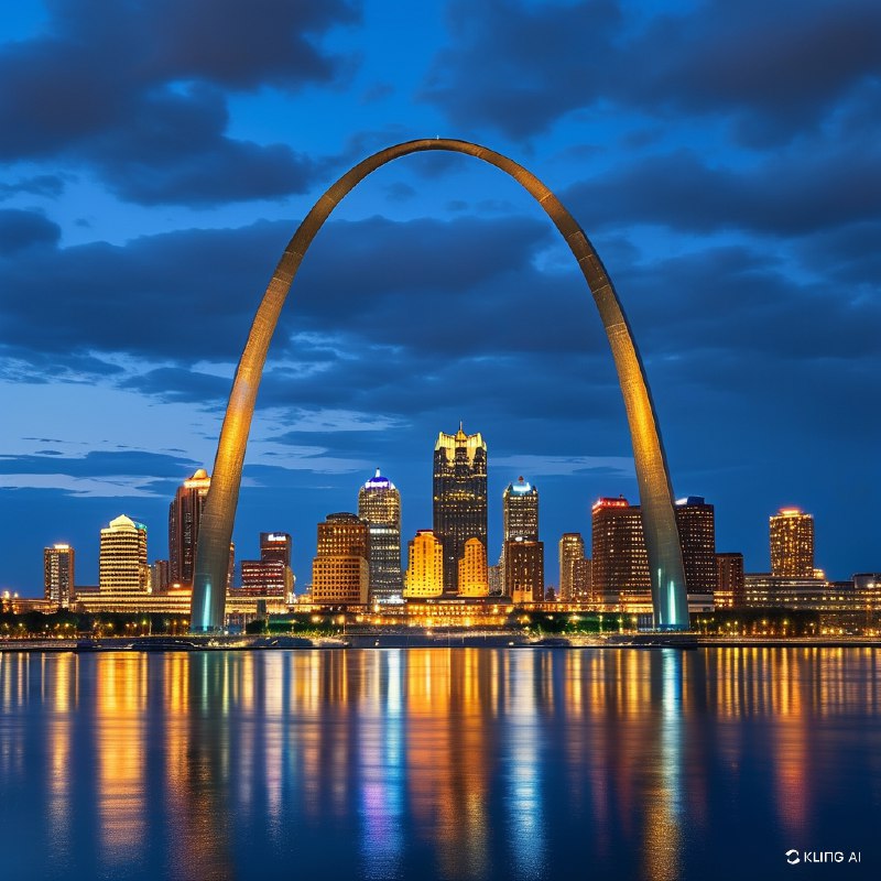 #Bing_Wallpaper“圣路易斯拱门在深邃的钴蓝色黄昏天空映衬下显得格外壮丽，周围环绕着光芒四射的城市景观