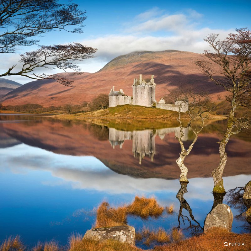 #Bing_Wallpaper古老的苏格兰城堡倒映在内斯湖平静的湖水中，座落于阿盖尔-比特郡境内