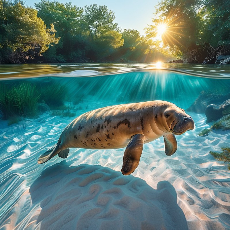 #Bing_Wallpaper在佛罗里达水晶河中的一个迷人的水下景象，一只温顺的海牛优雅地滑行在水面之下