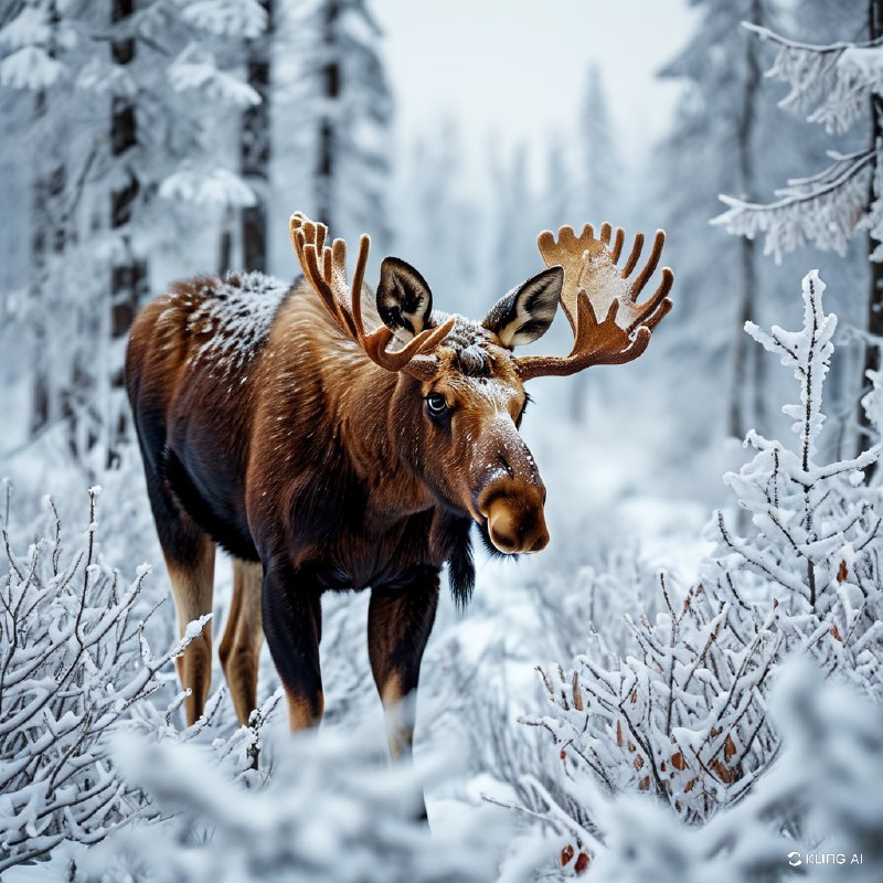 #Bing_Wallpaper"创造一个令人叹为观止的场景：在阿拉斯加德纳利国家公园的雪景中，一只母麋鹿伫立其中，眼神狂野而深邃